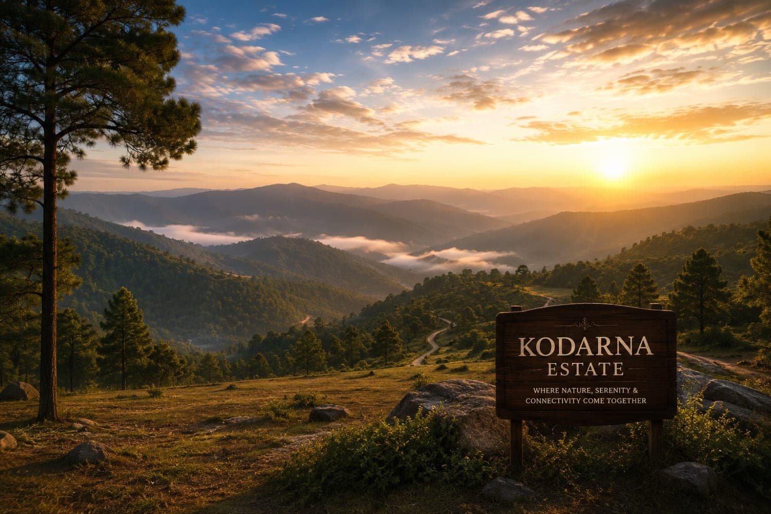 Cinematic view of Kodarna Estate surrounded by forested Himalayan foothills at sunrise